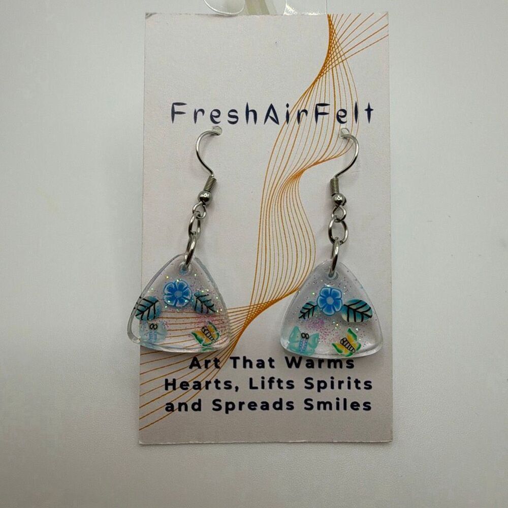 Fruit & butterfly sparkle Unique hand crafted Resin Stainless drop steel earring - Picture 1 of 3